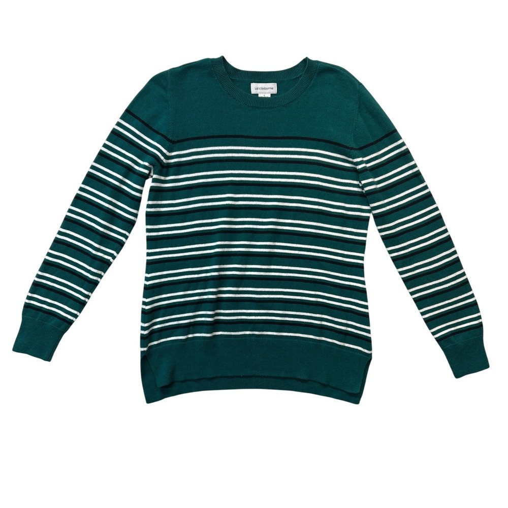 Liz Claiborne Sweater Womens L Green Striped Cotton Crewneck Pullover Preppy